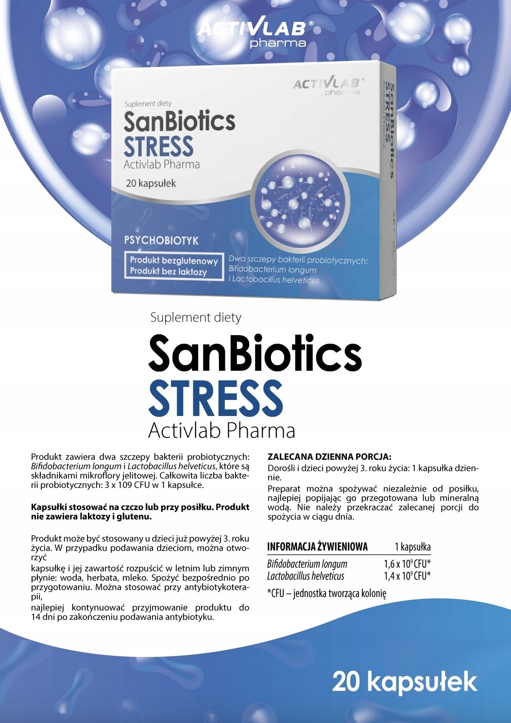 Activlab Sanbiotics Stress Bifidobacterium Longum 20 Kapsułek
